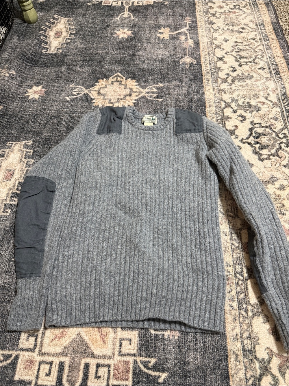 L.L. Bean Gray Ribbed Crewneck Sweater with Dark Patch Details